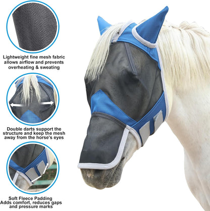 Horse Fly Mask with Ears & Long Nose Cover | Forelock Opening for Tangle-Free Mane Care | UV