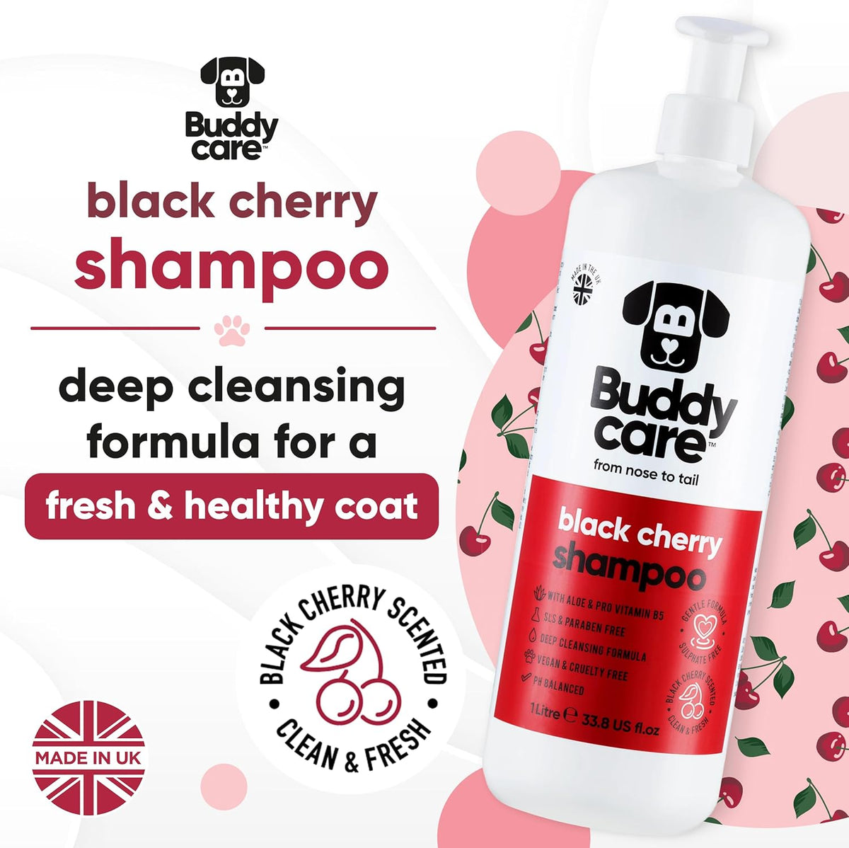 Black Cherry Dog Shampoo by Buddycare | Deep Cleansing Shampoo for Dogs | Black Cherry Scented |