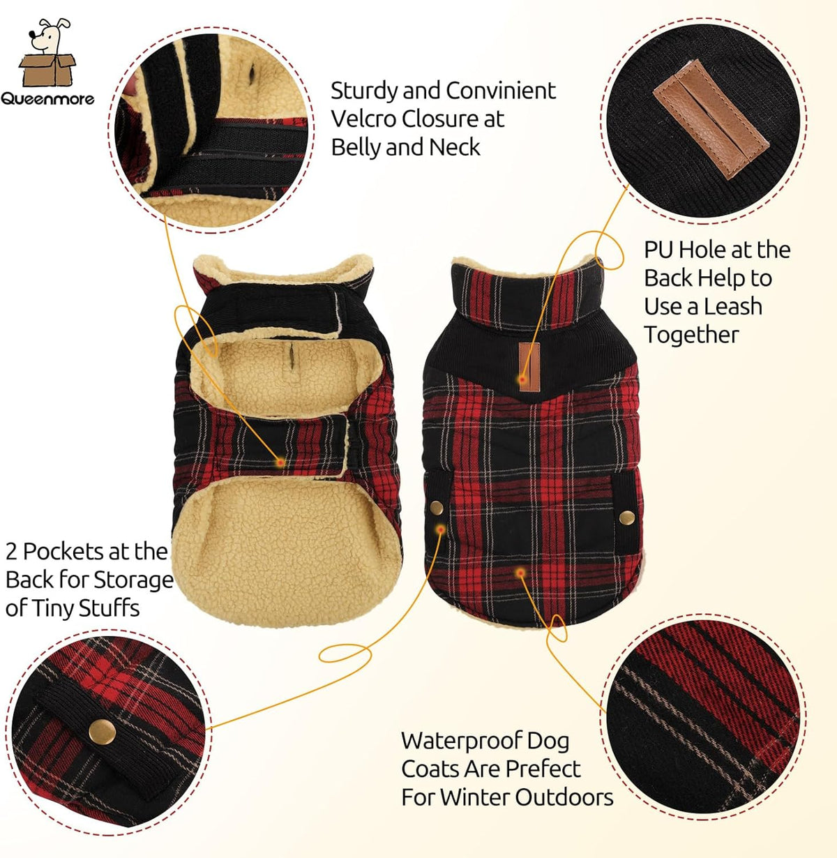 Queenmore Dog Winter Coat Warm Dog Jacket for Cold Weather, Quilting Puffer Plaid Coats for