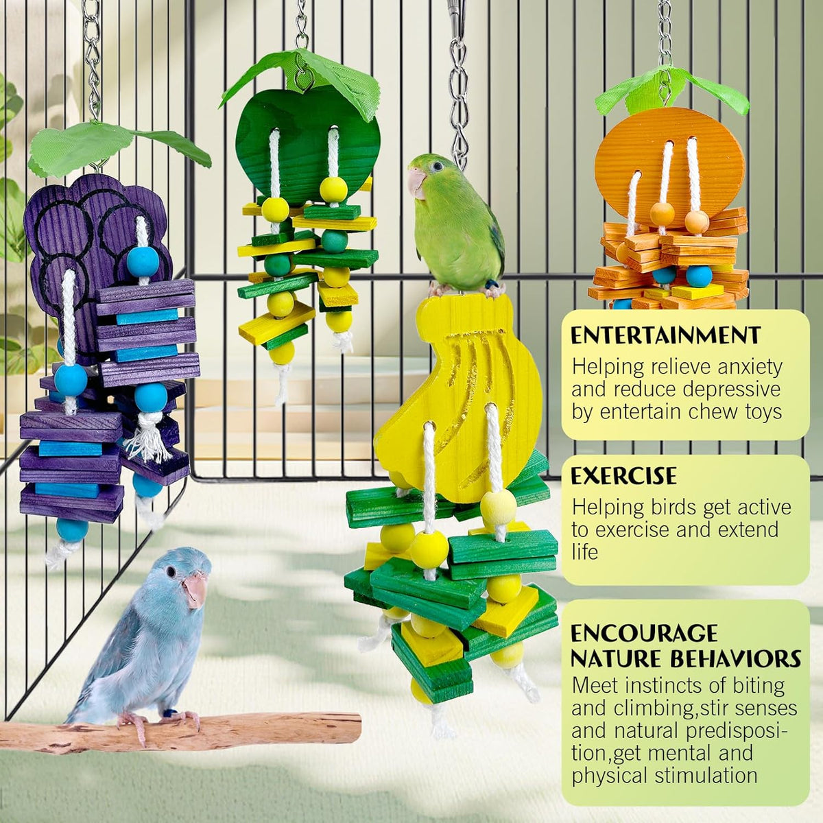 Hamiledyi Natural Wood Block Bird Cage Toys Parrot Chewing Toy Orange&Apple& Banana&Grapes Shaped