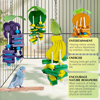 Hamiledyi Natural Wood Block Bird Cage Toys Parrot Chewing Toy Orange&Apple& Banana&Grapes Shaped