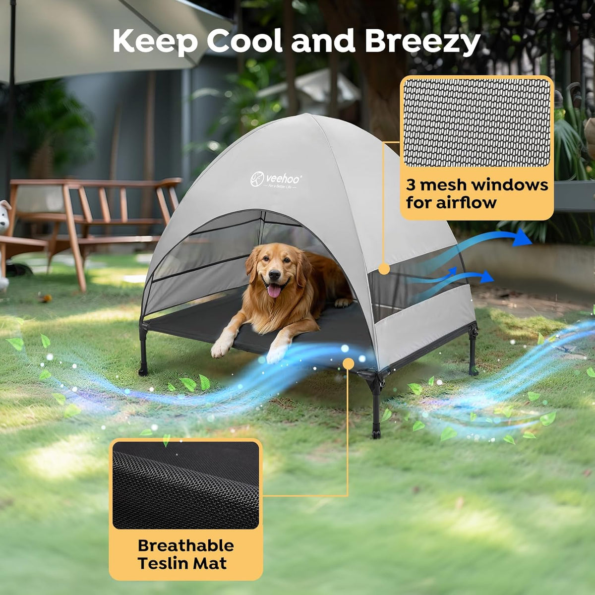 Veehoo Outdoor Dog Bed with Canopy, Cooling Elevated Pet Cot with Removable Shade, Non-Slip Feet