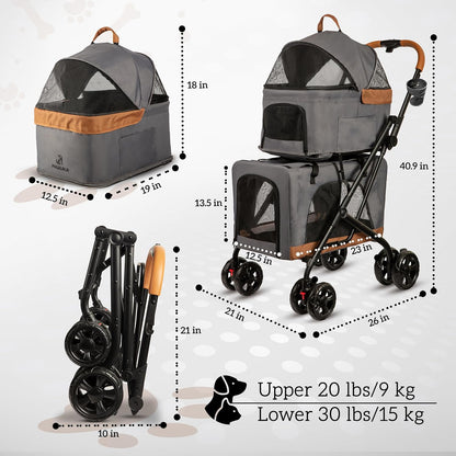 Double Pet Stroller with Detachable Carriers - Ideal for 2 Dogs or Cats - Compact & Convenient
