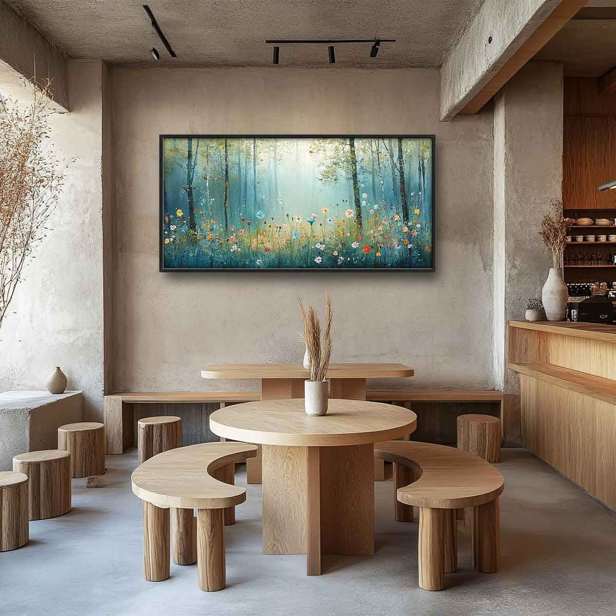 Large Forest Tree Wall Art for Living Room, Framed Oversized Wildflowers Wall Decor, Foggy