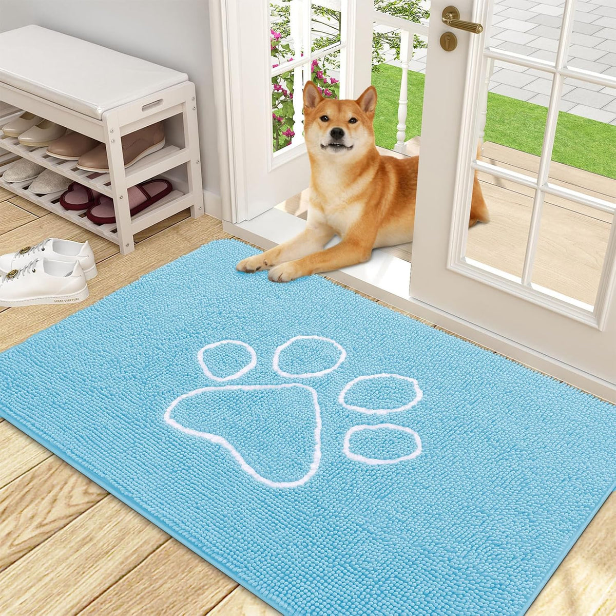 OLANLY Door Mat for Muddy Dog Paws 48x30, Ultra Absorbent Chenille Mud Doormat with Paw Print