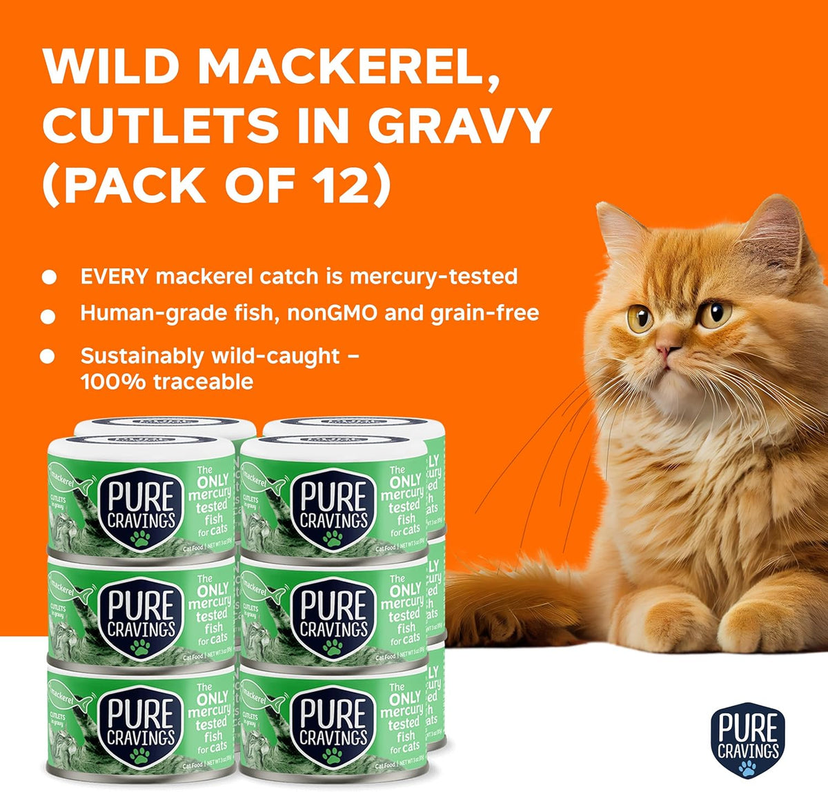 Wet Cat Food Canned Mackerel Cutlets in Gravy, Every Catch is Mercury Tested, Moist Can Fish for