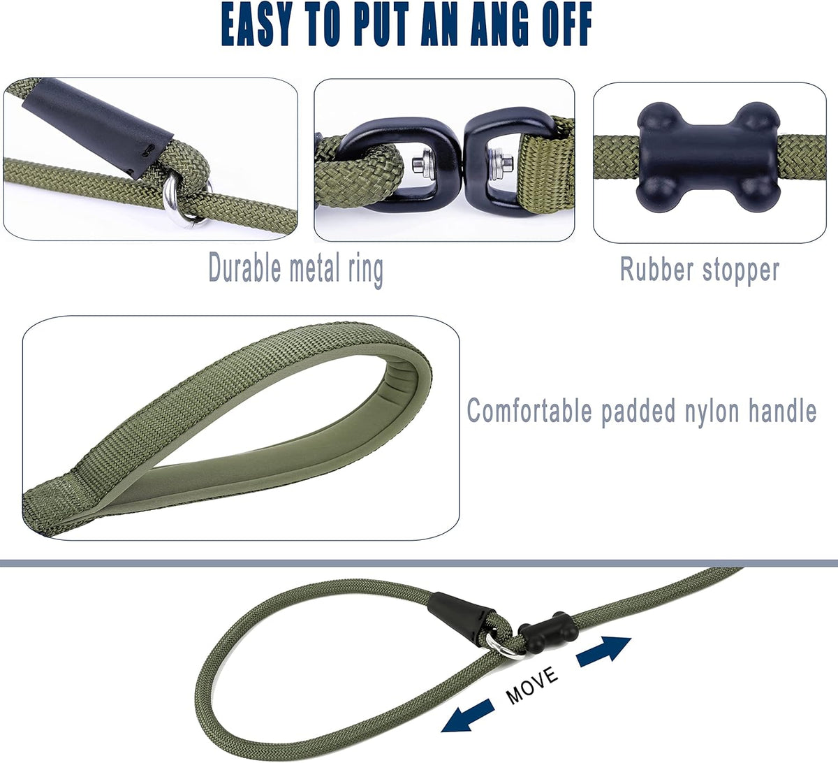 Slip Lead Dog Leash，Strong Nylon Rope Leash and Padded Handle,No Pull Outdoor Walking Training Lead