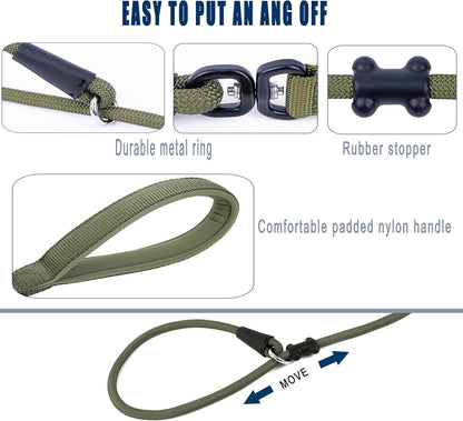 Slip Lead Dog Leash，Strong Nylon Rope Leash and Padded Handle,No Pull Outdoor Walking Training Lead