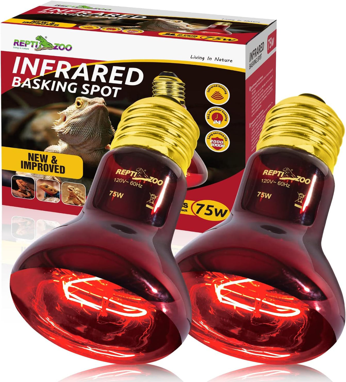 REPTI ZOO 75W Reptile Heat Lamp Bulb 2PCS Infrared Heat Emitter Red Heat Lamp for Reptile