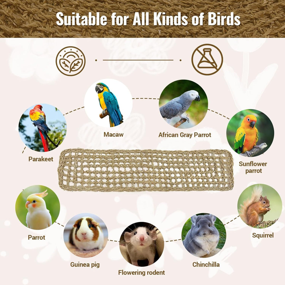 2Pcs 29.5 x 7 inches Large Bird Seagrass Mat Grass Woven Net Parrot Hammock Mat Parakeet Climbing