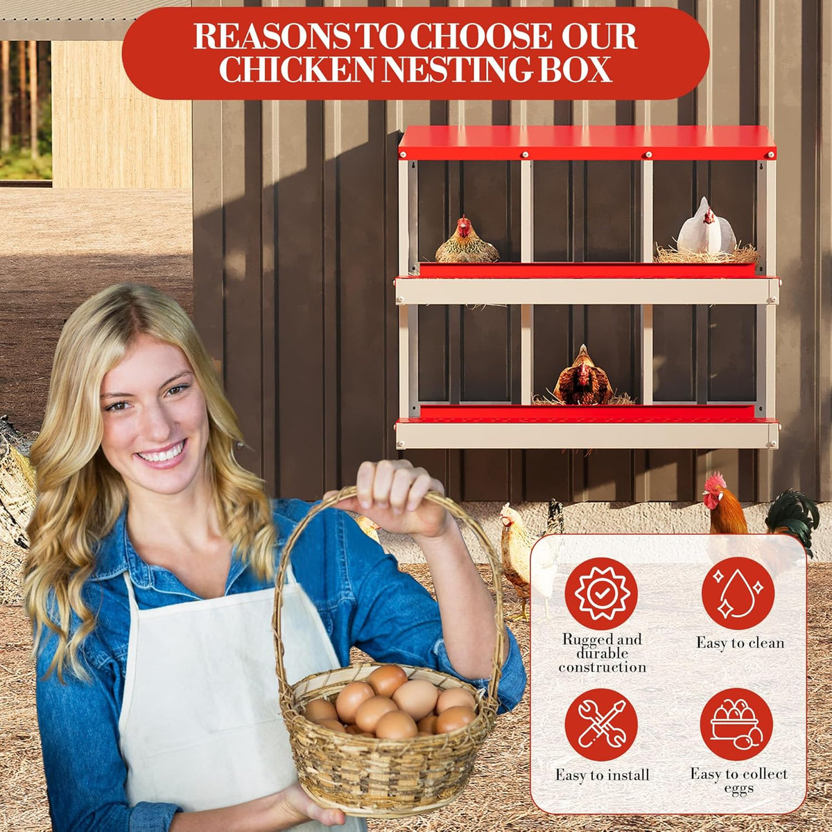 6 Hole Chicken Nesting Box with Roll Out Egg Tray, Rustproof & Ventilated Chicken Laying Boxes for