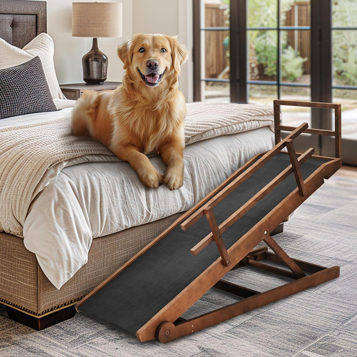 Dog Ramp, 5 Level Adjustable Wooden Folding Pet Ramp for Middle Bed, Couch,SUV-High Traction