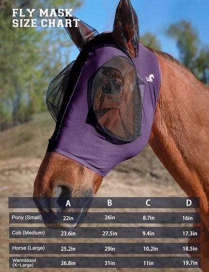 Horse Fly Mask with Ears, UV Protection for Horses, Elasticity with Big Mesh Eye Covers, Snug