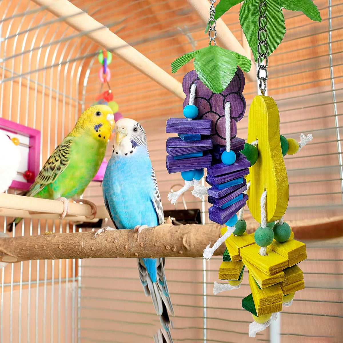 Hamiledyi Natural Wood Block Bird Cage Toys Parrot Chewing Toy Apple&Grape&Pear&Strawberry Shaped