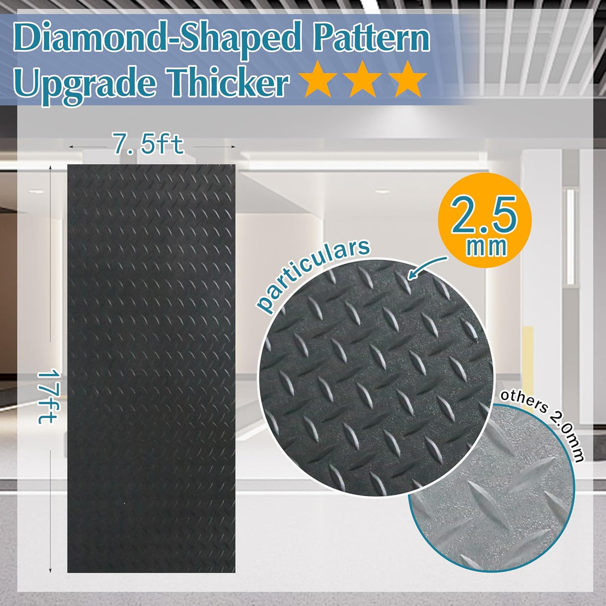 7.5 x 17 FT Garage Floor Mat,2.5 mm Thickness Diamond PVC Garage Flooring Roll, Anti-Slip Shop