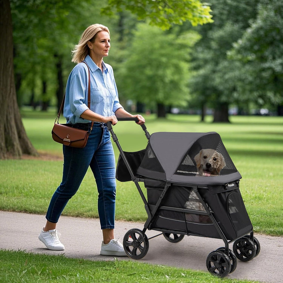 PETSITE 4 Wheels Dog Stroller, Foldable Cat Stroller with Dual Entries, Ramp, Mesh Windows