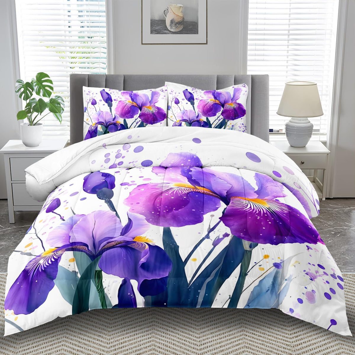 Purple Floral Comforter Set Full Size Woman,Purple Iris Comforter for Girls,Pink Flower Bedding Set