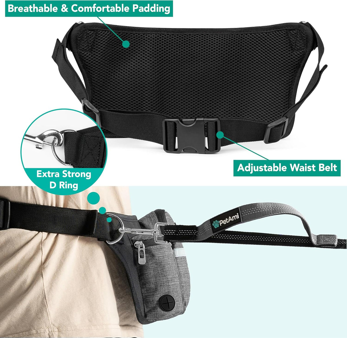 PetAmi Premium Hands Free Dog Leash for 2 Dogs, Adjustable Waist Belt Leash for Dog Walking, Fanny