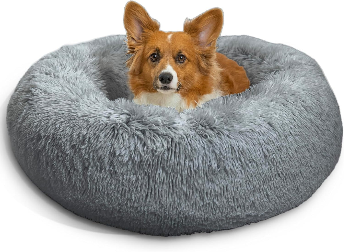 Best Friends by Sheri Original Calming Donut Dog and Cat Bed, Shag Faux Fur, Gray, (30in x 30in)