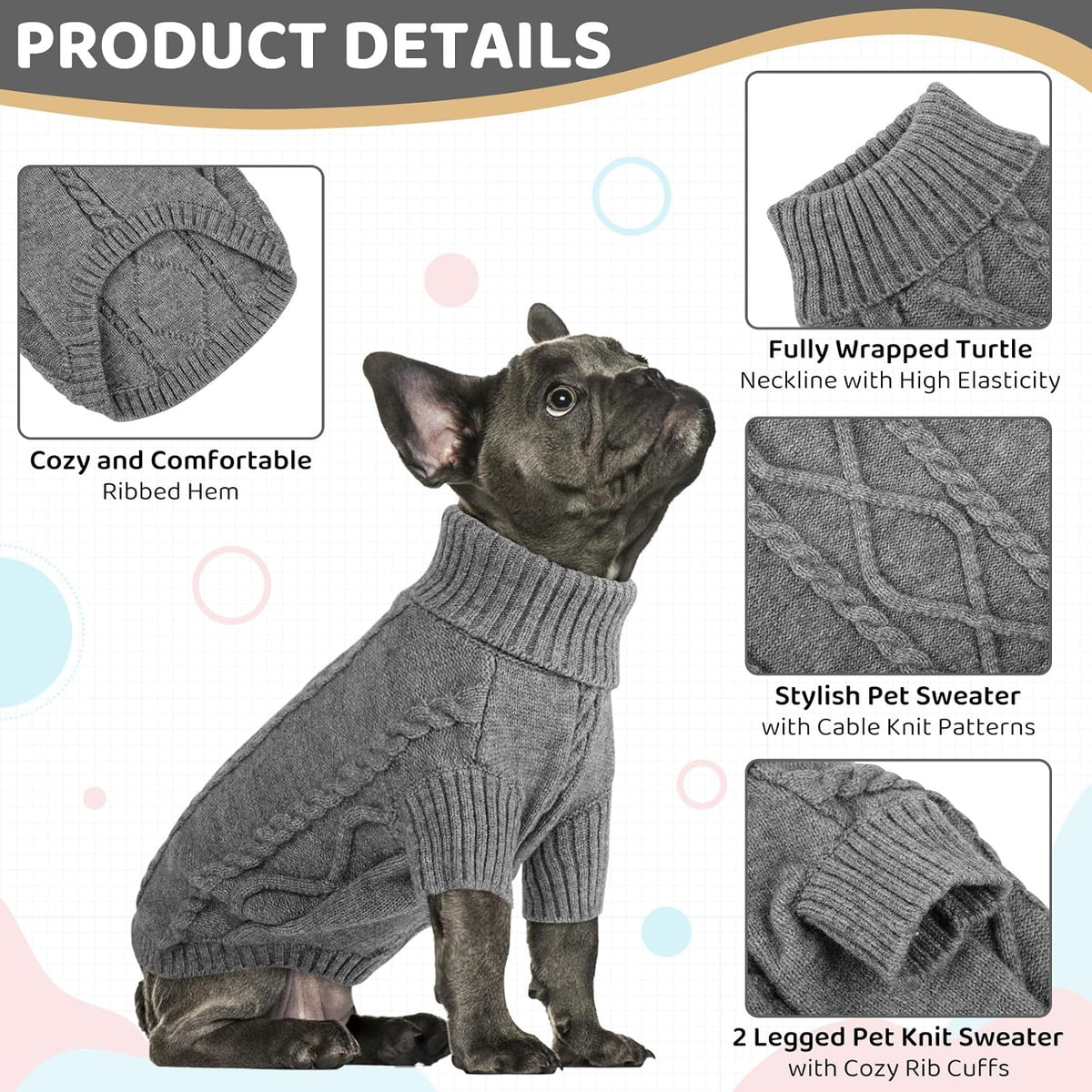 Queenmore Small Dog Pullover Sweater, Cold Weather Cable Knitwear, Classic Turtleneck Thick Warm