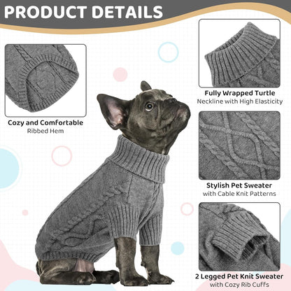 Queenmore Small Dog Pullover Sweater, Cold Weather Cable Knitwear, Classic Turtleneck Thick Warm