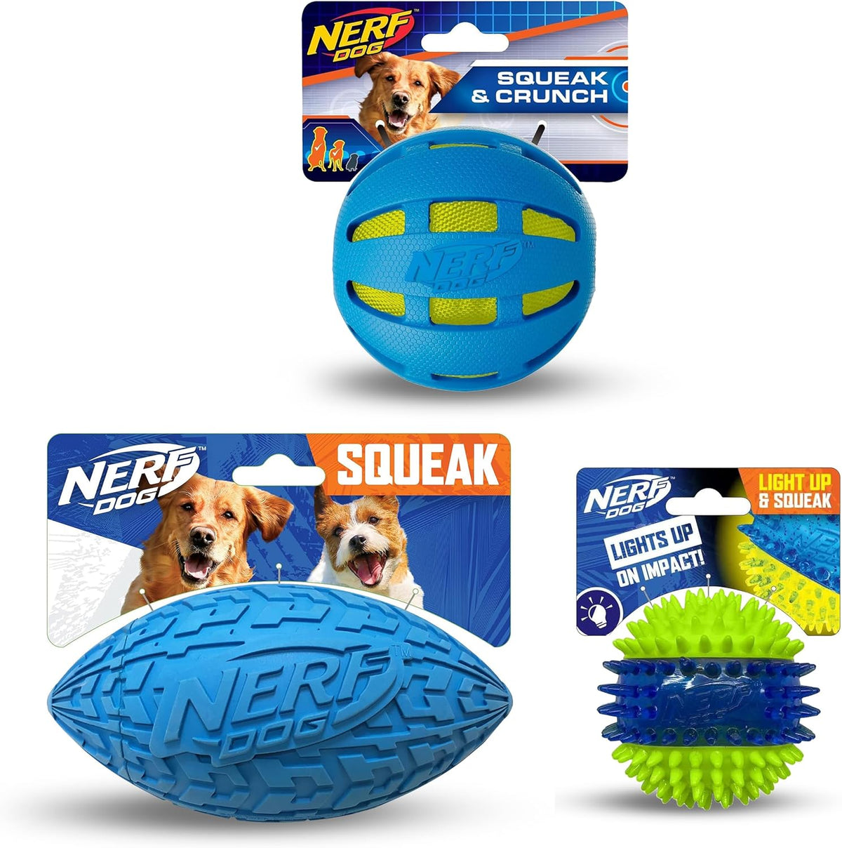 Nerf Dog Toy Gift Set, 3-Piece Set of Outdoor Dog Toys for Fetch, Includes Checker Crunch Ball