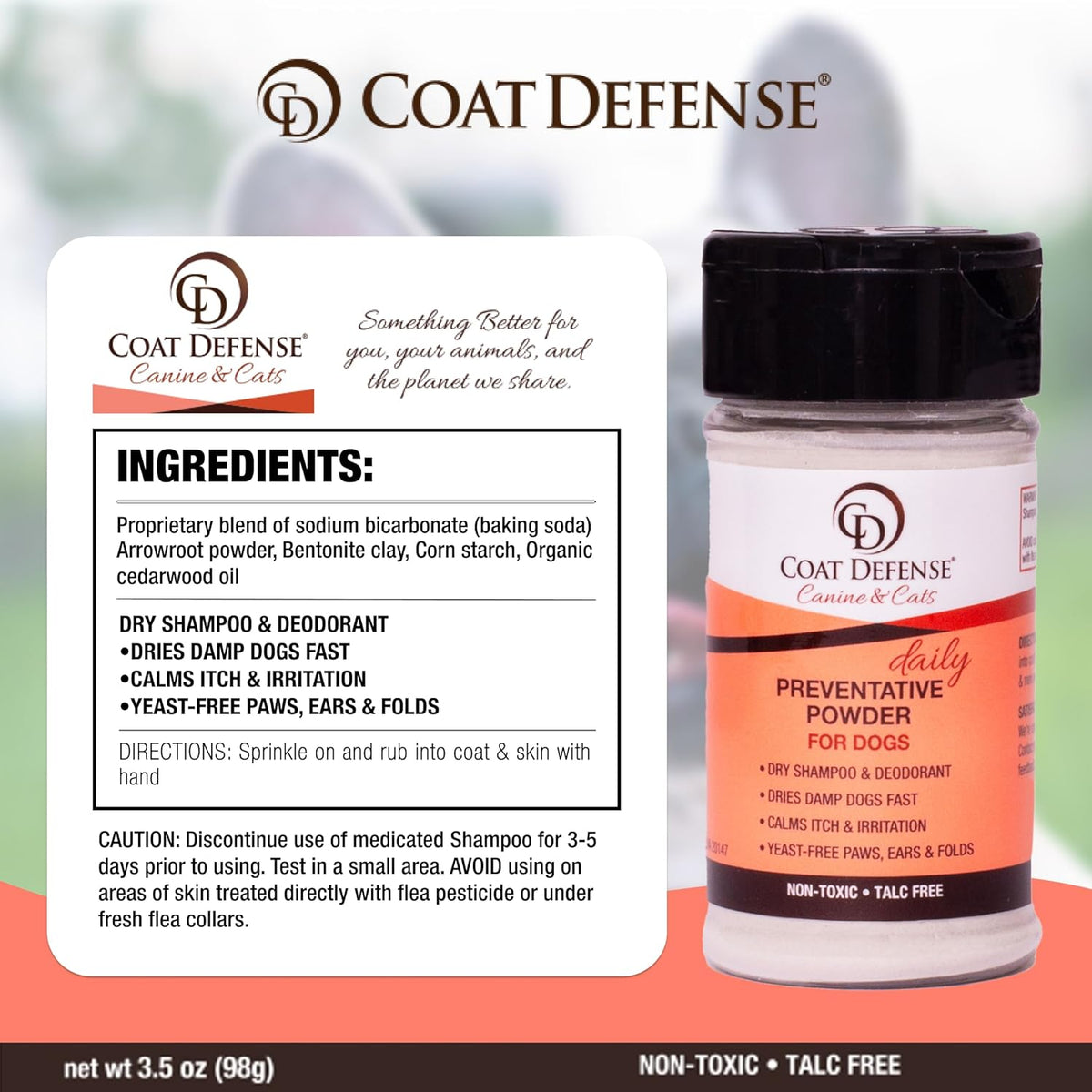 COAT DEFENSE Preventative Powder | Made in USA | 3.5oz Waterless Dog Shampoo & Pet Deodorizer for