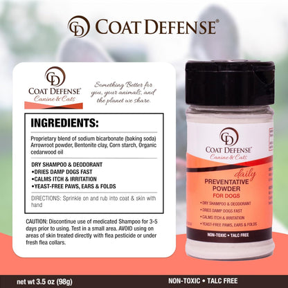 COAT DEFENSE Preventative Powder | Made in USA | 3.5oz Waterless Dog Shampoo & Pet Deodorizer for