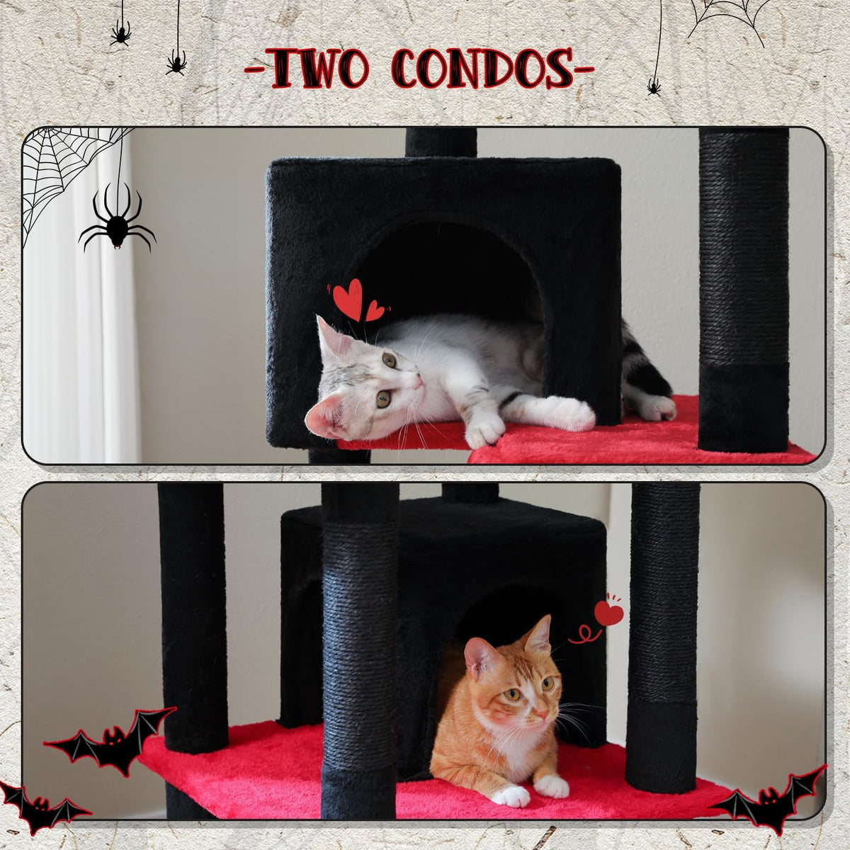 PAWZ Road 70 Inch Cat Tower, Gothic Cat Tree with 2 Cozy Condos, 2 Plush Perch, Large Basket, 2