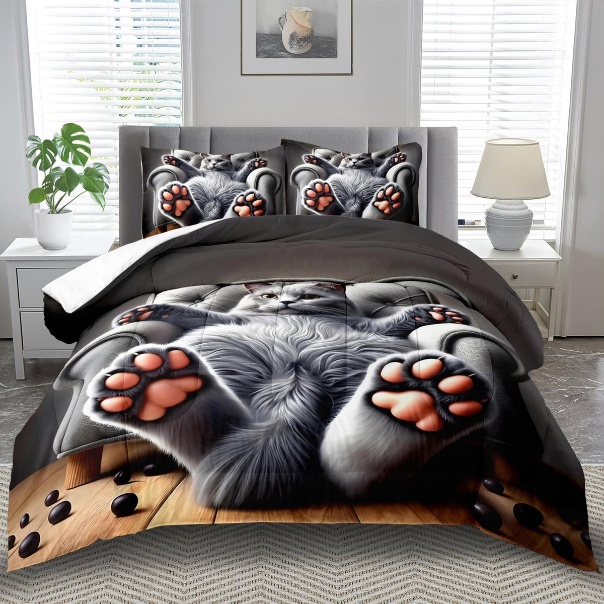 Cute Cat Comforter Set Full,Grey Kawaii Cat Bedding Set Adult,Cute Animal Comforter for