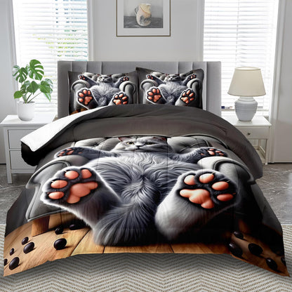Cute Cat Comforter Set King,Grey Kawaii Cat Bedding Set Adult,Cute Animal Comforter for