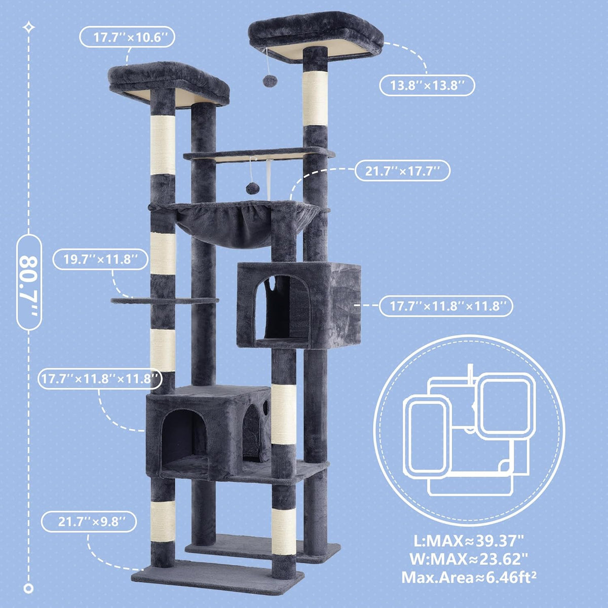 Hey-brother Tall Cat Tree Tower, Heavy Duty Scratching Posts with Large Platforms, Cozy Condos, Big