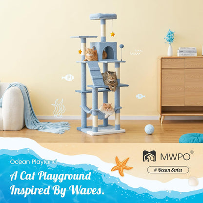 MWPO Ocean-Themed Cat Tree for Indoor Cats, 63.8 Inches Multi-Level Tower with Sisal-Covered