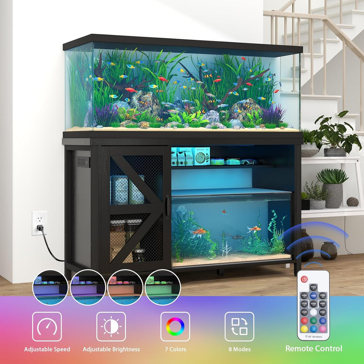 Verano 55-75 Gallon Aquarium Stand with Storage Cabinet, Fish Tank Stand with Power Outlets & LED