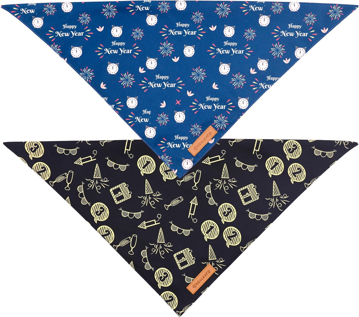 Realeaf Happy New Year Dog Bandanas 2 Pack, Reversible Holiday Pet Scarf for Boy and Girl, Premium