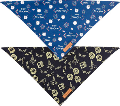 Realeaf Happy New Year Dog Bandanas 2 Pack, Reversible Holiday Pet Scarf for Boy and Girl, Premium