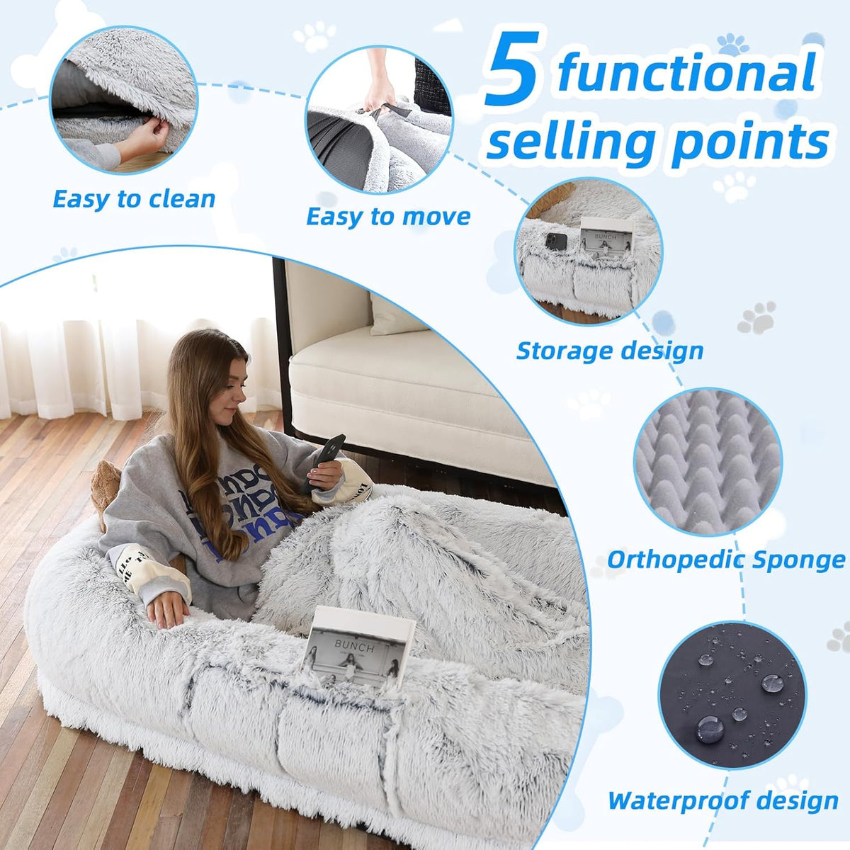 Human Dog Bed - 71"x45"x12" Fits You & Pets, Washable Faux Fur, Orthopedic, Plump Pillow, Blanket