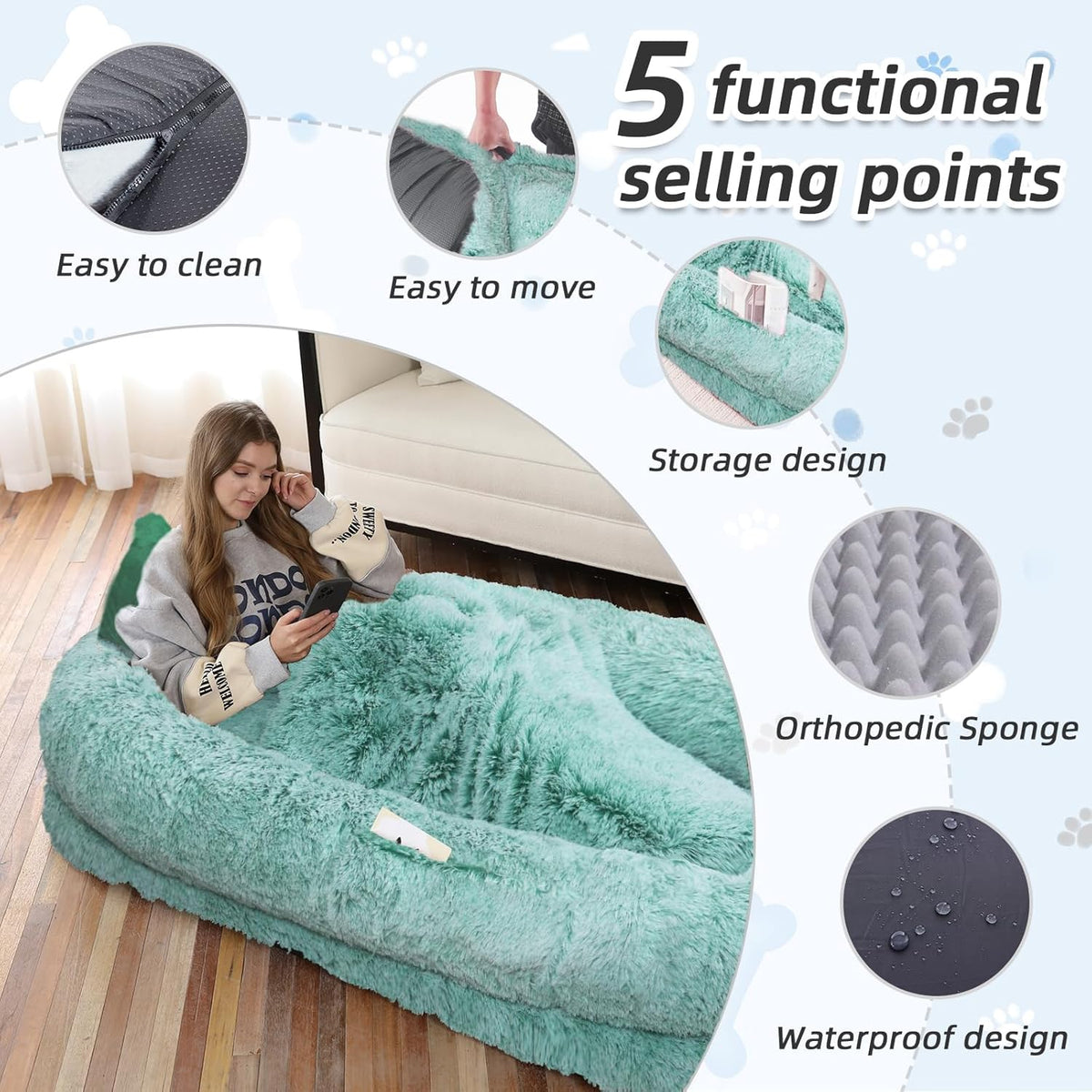 Human Dog Bed, 71''x45''x12'' Size Fits You and Pets, Washable Faux Fur Pet Bed for People Doze