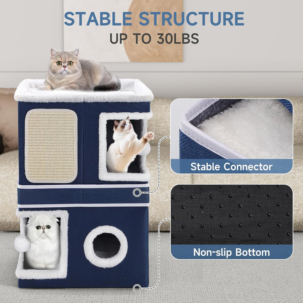 2-Storey Cat House for Indoor Cats, Large Double Cat Bed Cave with Hideaway Condos, Scratch Pads
