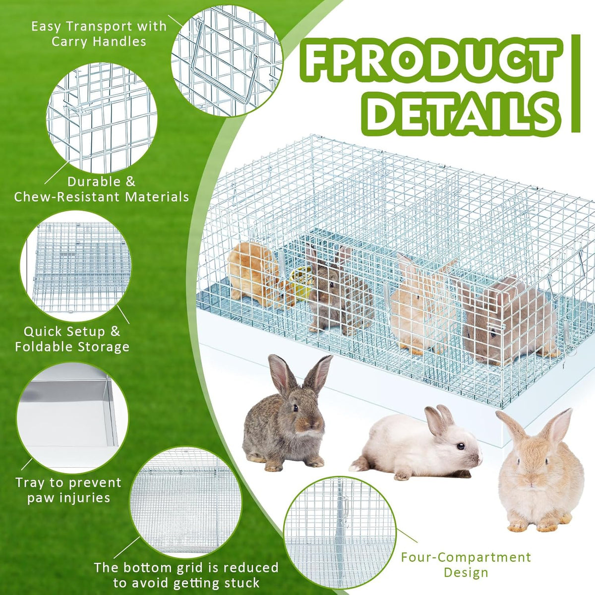 Folding Rabbit Cage, 28 x 16 x 12 in Portable Bunny Carrier with Tray and Handles for Transport