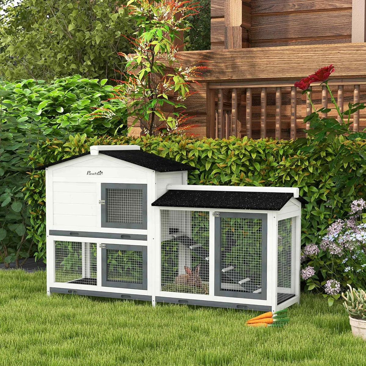 PawHut 62" Rabbit Hutch, Wooden Bunny Hutch, Guinea Pig Cage, Small Animal Enclosure with Run Area