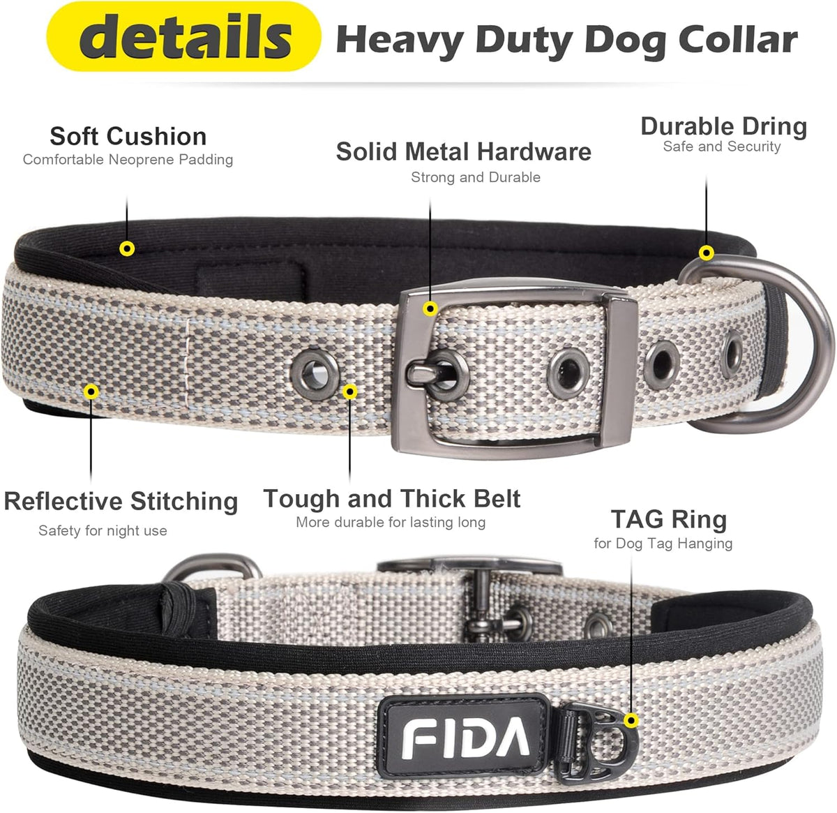 Fida Heavy Duty Dog Collar, Ultra Comfortable Soft Neoprene Padded, Adjustable Reflective Nylon Pet