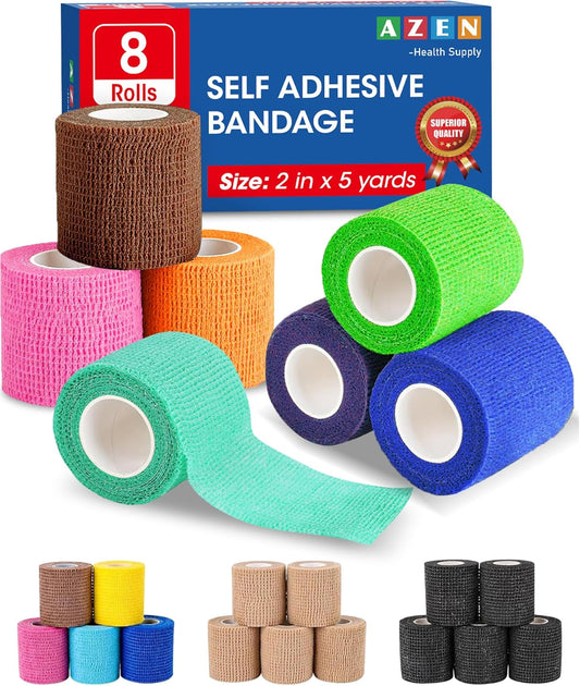 AZEN 8 Pack Self Adhesive Bandage Wrap, 2" X 5 Yards Elastic Cohesive Bandage Wrap, Color Athletic