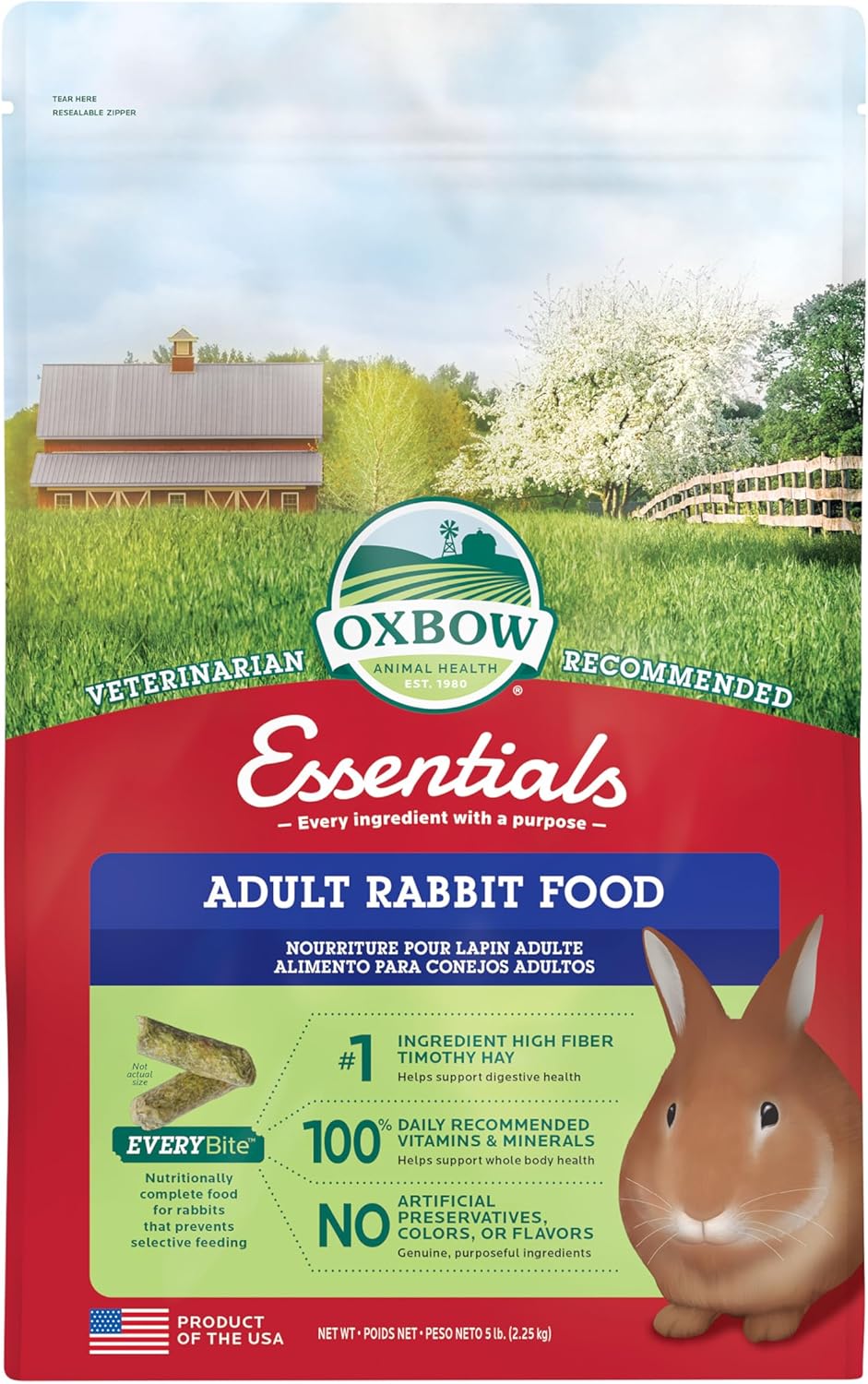 Oxbow Essentials Rabbit Food, Adult Rabbit, Made with Oxbow Timothy Hay, Pet Pellets with Vitamins