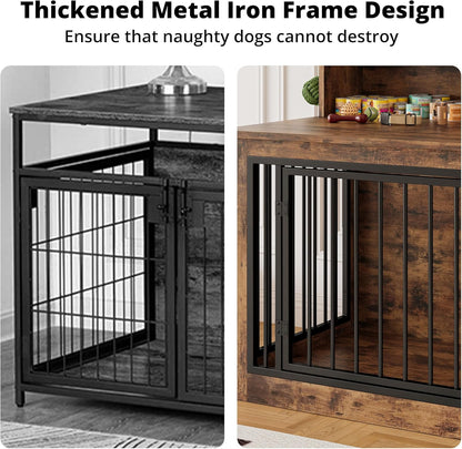 IRONCK Dog Crate Furniture, 33.4 inches Wooden Small Dog Crate with Storage and 4 Hooks, Heavy Duty