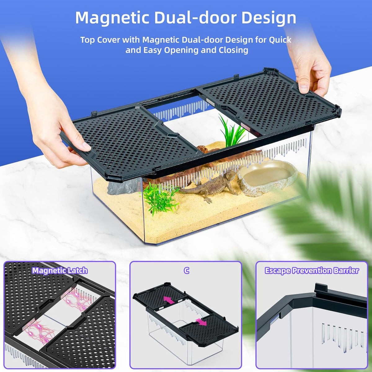 High-Transparency Reptile & Insect Enclosure Terrarium with Magnetic Door, Excellent Ventilation
