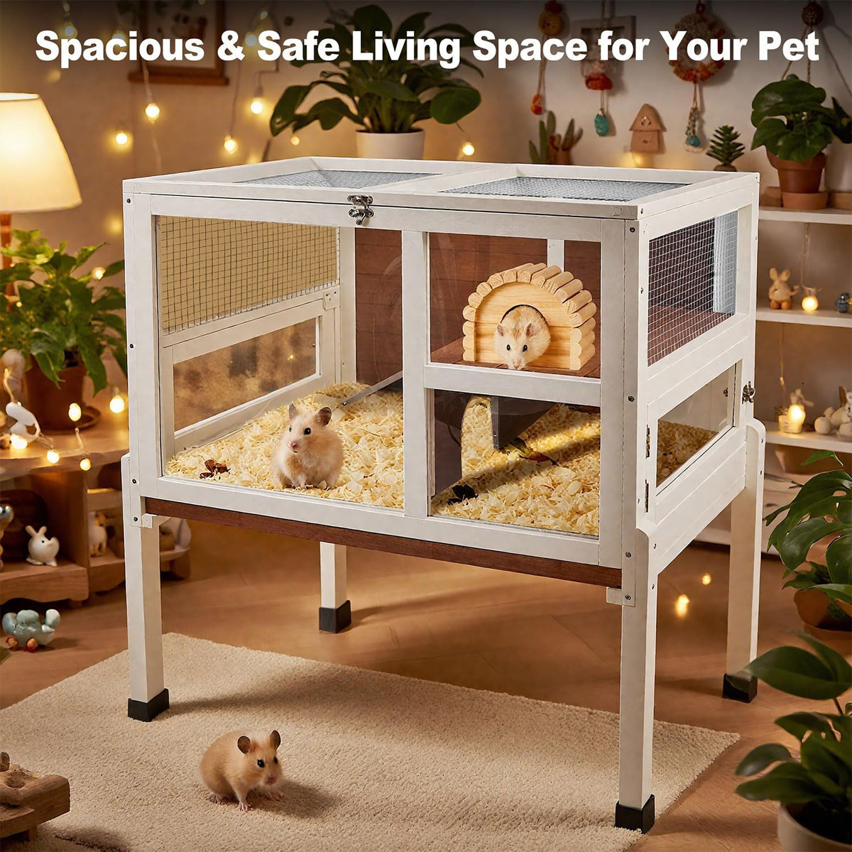 2-Story Guinea Pig Cage with Stand, Indoor Wooden Hamster Cage with Ramp, Pull-Out Tray, Hideout &