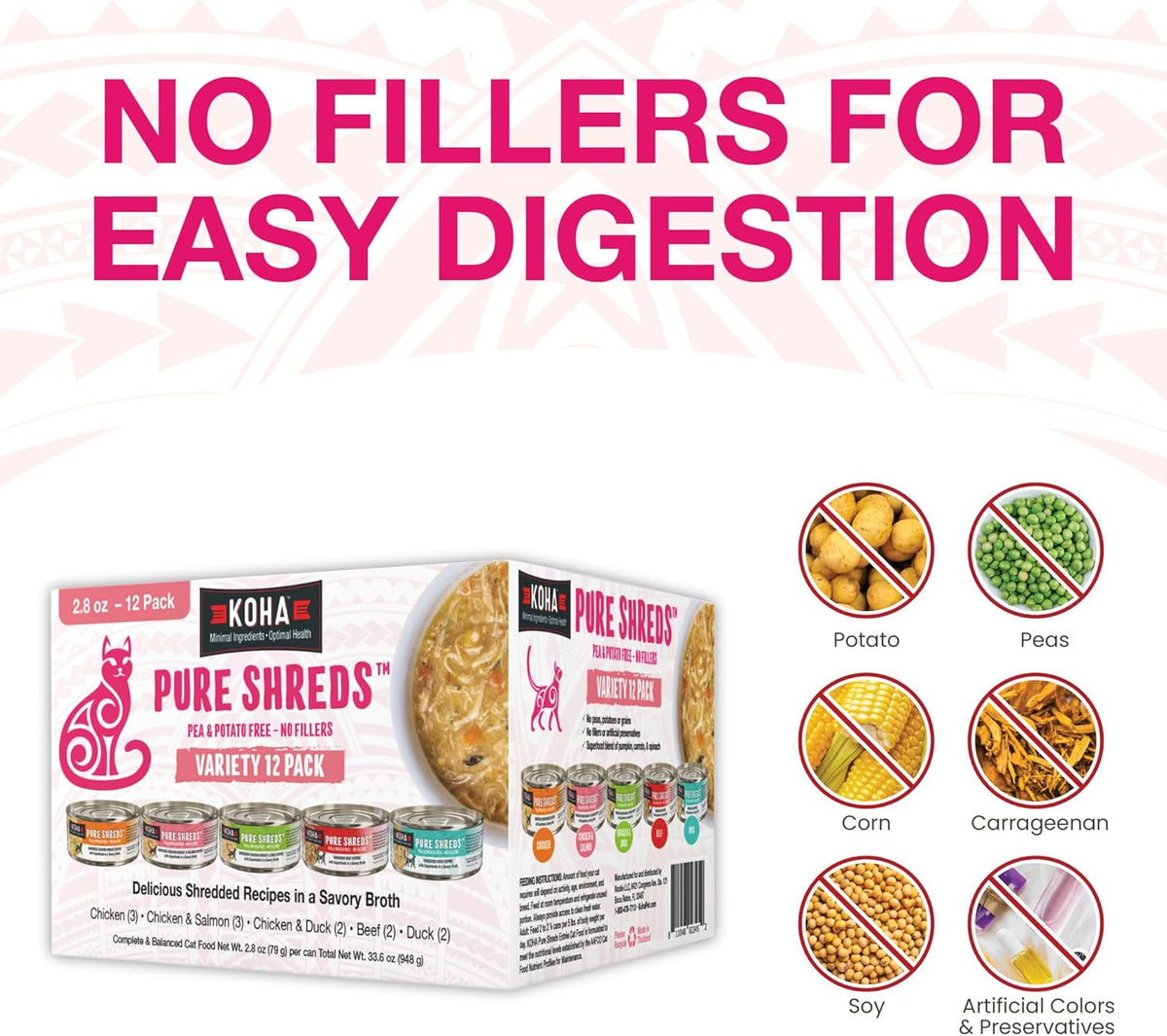 KOHA Pure Shreds Cat Variety Pack, High Protein Wet Cat Food - 5 Flavors - Beef, Duck, Chicken &