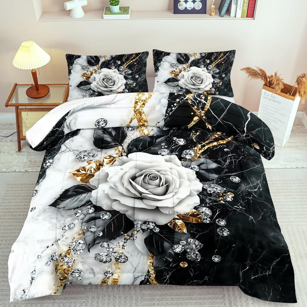 Marble Floral Comforter Set for King Bed Women,Vintage Flower Bedding Set King,White and Black