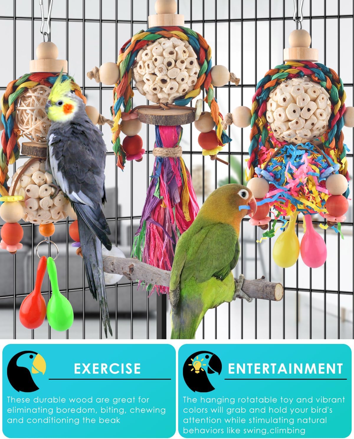 Bissap 3PCS Bird Parrot Foraging Shredder Hanging Toys Sola Balls with Sand Hammer for Small